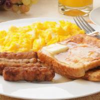 Pork Sausage French Toast · Sliced challah bread soaked in eggs and milk, then fried and topped with savory pork sausage...