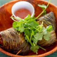 Pandan Chicken (3 Pieces) · three minced chicken triangles wrapped w/ aromatic pandan leaves, cilantro, sweet chili sauc...