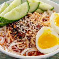 Chilled Spicy Sesame Noodles · rice noodle, homemade spicy sesame sauce, hard-boiled egg, cucumbers, sesame seeds 

VEGETAR...