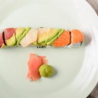 Rainbow Roll · Crab mast cucumber, avocado inside, tuna, salmon, yellowtail, white fish, avocado on top.