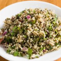 Quinoa Tabouli Salad ( Vegan ) · A refreshing salad, with cucumber, tomato, parsley, salt, lemon juice and quinoa