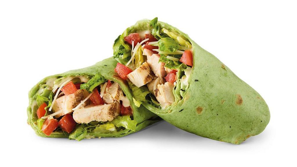 Caesar'S Chicken Wrap · Sliced chicken breast, Parmesan, romaine, tomatoes and Caesar dressing in a spinach tortilla.
