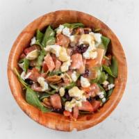 Pecan Salad · Spinach, tomatoes, goat cheese, glazed pecans, balsamic vinaigrette.