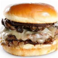 Swiss & Mushroom Burger · Chuck Angus prime burger topped with swiss cheese, garlic aioli, cremini mushrooms, and cara...