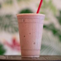 Vanilla Protein Smoothie · Unsweetened almond milk, banana, strawberry, vanilla whey protein.