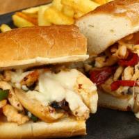 Chicken Cheese Steak Sandwich · Yummy grilled chicken, onions, peppers, mushrooms, American cheese & mayo.