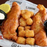 Fried Fish · Drake's beer-battered white fish served with tangy tartar and choice of side.