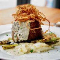 Filet Mignon · garlic mashed potatoes, grilled asparagus, crispy onions, roquefort blue cheese sauce