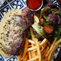 Steak Frites · ny strip, peppercorn sauce, sea salt french fries with mesclun greens