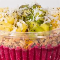 Hawaiian Pitaya Bowl · Pitaya base, granola, banana, kiwi, pineapple, honey, chia, seeds, coconut flakes.