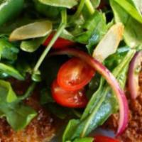 Milanese Salad · Breaded chicken cutlet over mixed greens with fresh Mozzarella, roasted peppers, and red oni...