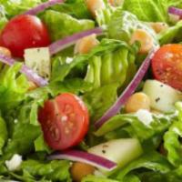 Mediterranean Salad · Romaine lettuce with grilled chicken, feta cheese, black olives, red onions, peppers, cucumb...