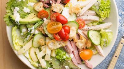 Chef Salad · Ham, turkey, roast beef and Swiss cheese served over mixed greens with tomato, cucumber, carrots, peppers, and olives.