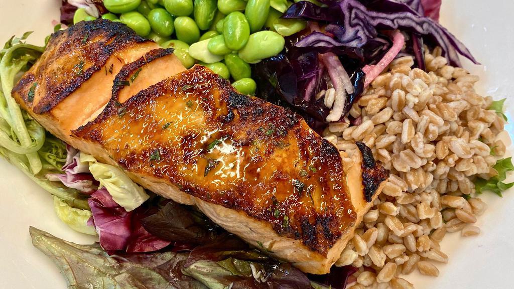 Miso Salmon Bowl · Miso marinated Salmon, organic greens, steamed farro, edamame, ginger red cabbage slaw, miso dressing on the side