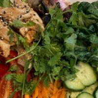 Asian Chicken Bowl · Five spice grilled Chicken Breast, Organic Greens, Baby Bok Choy, Carrot, Cucumber, tomato, ...