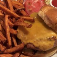 Grilled Turkey Burger · Challah Roll,  Sweet Potato Fries