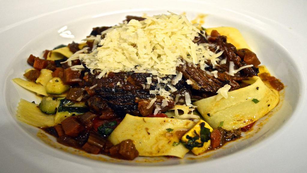 Braised Short Rib Pappardelle · Fresh Pappardelle, Roasted Vegetable Ratatouille, Shaved Piave Cheese