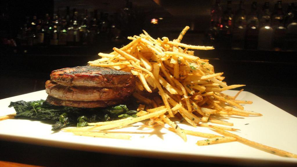 Grilled Filet Mignon · Truffle Pommes Frites, Sauteed Spinach, Red Wine Gastrique