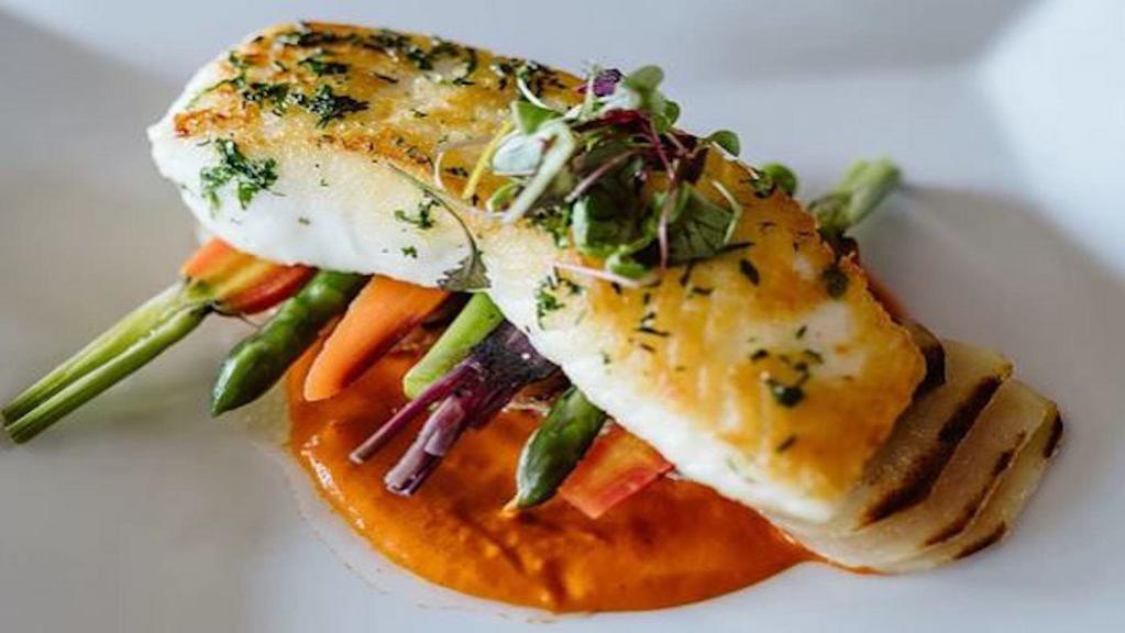 Pan Roasted Icelandic Cod · Pommes Anna, Broccolini, Brussels Sprout, Baby Carrots, Red Pepper Coulis