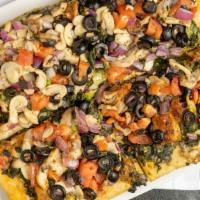 Sicilian Vegetable Pie (Large) · No cheese & no sauce. Olives, onions, mushrooms, tomato, broccoli, eggplant & spinach.
