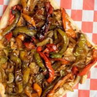 Chicken Fajita Pizza (Large) · Roasted peppers, roasted onions and grilled chicken tossed in a balsamic demi glaze.