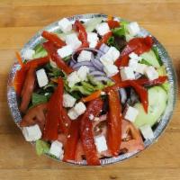 Greek Salad · Mixed greens, tomato, cucumbers, fresh red peppers, red onions, olives and feta cheese.