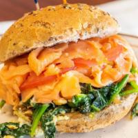 Smoked Salmon Egg Sandwich · Scrambled egg whites with smoked salmon (lox), spinach served on health bread or wrap.