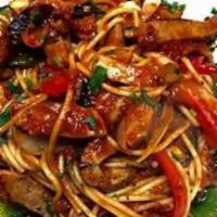 Vegan Spaghetti Puttanesca · Vegan. Cherry tomatoes, capers, olive, basil in a spicy marinara sauce.