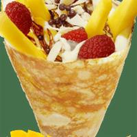*M2. Mango Raspberries · Fresh mango, raspberries, custard cream, whipped yogurt, chocolate pearls, chocolate sauce, ...