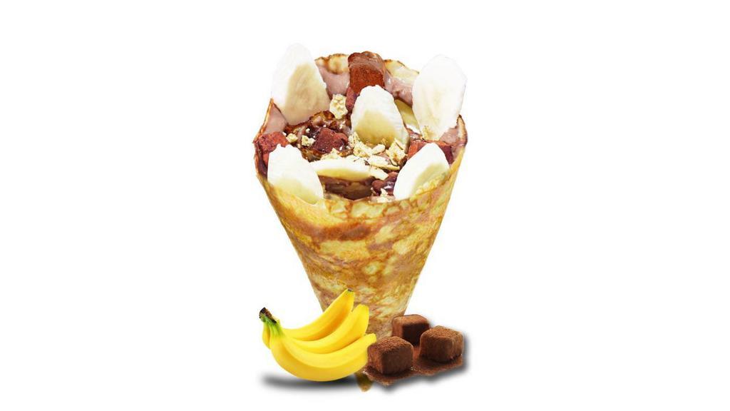 Banana Chocolate Crepe · Sliced bananas, chocolate truffles, chocolate custard cream, whipped yogurt, chocolate sauce, granola.