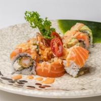 Fuji Roll Ϡϡ · Shrimp tempura, cream cheese, cucumber roll on top, salmon, avocado, spicy mayo and crunchy.
