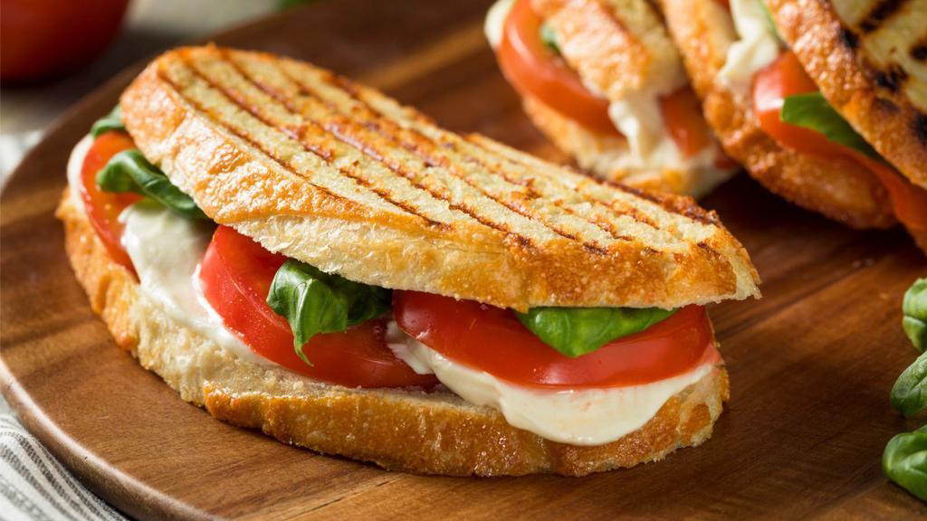 Mediterranean Panini · Yummy Hummus & olives with roasted peppers grilled zucchini, eggplant & fresh mozzarella with touch of olive oil.