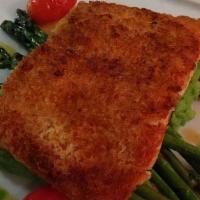 Lime Crusted Salmon · Lime crusted salmon, cilantro mashed potatoes, asparagus, cherry tomatoes and pineapple redu...