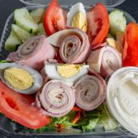 Chef Salad · Turkey, Ham, Roast Beef, Swiss Cheese Over Romaine Lettuce, Tomato and Hard Boiled Egg. Addi...