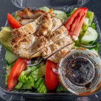 California Chicken Salad · Grilled chicken over Romaine lettuce , Sliced Avocado , Tomatoes, Cucumbers, Onions and Ranc...
