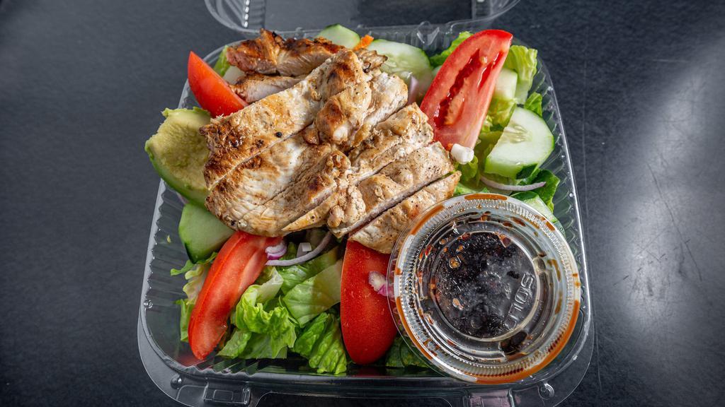 California Chicken Salad · Grilled chicken over Romaine lettuce , Sliced Avocado , Tomatoes, Cucumbers, Onions and Ranch Dressing. Additional charge for extra dressing.