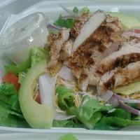 Caesar Salad With Grilled Chicken · Grilled chicken, Romaine lettuce, roasted red peppers, Parmesan cheese & garlic Parmesan, cr...