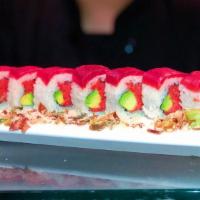 Crazy Tuna Roll · Inside: spicy tuna, avocado; top: tuna, crispy leeks, wasabi mayo.