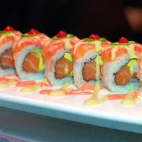 Crazy Salmon Roll · Inside: spicy salmon, avocado; top: scottish salmon, jalapeño, sriracha, wasabi mayo.