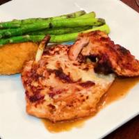 Clay Oven Roasted All Natural Chicken · Asparagus, scallion potato cake, chicken demi glace.