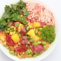 Hawaii Sunset · Spicy tuna, tuna, mango, edamame, sweet corn, kale, poke special sauce, kani salad, green on...