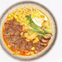 Mala Beef Jackpot · Mala broth, hand.pulled ramen, beef shank, baby bok choy, sweet corn, fish tofu，shiitake mus...