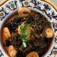 Spaghetti Neri Con Nduja E Gamberetti · Homemade squid ink spaghetti with nduja and shrimp. Spicy!