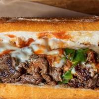 A1 Cheesesteak · A cheese steak topped with A1 steak sauce, melted Cheddar cheese, mushrooms, onions and pepp...