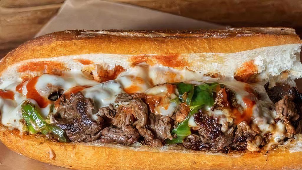 A1 Cheesesteak · A cheese steak topped with A1 steak sauce, melted Cheddar cheese, mushrooms, onions and peppers.Comes wıth French fries and sauces