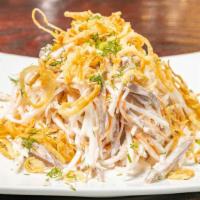 White Radish With Veal Tongue · Beef tongue, white radish, carrot, mayo, fried onion, salt and pepper.