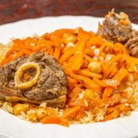 Uzbek Pilaf  · Beef, rice, carrot, chickpeas, salt and pepper.