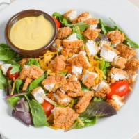  Crispy Chicken Salad · Mixed greens, shredded cheddar cheese, sliced tomato, crispy chicken