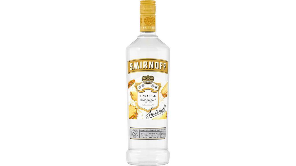 Smirnoff Pineapple (1 L) · Smirnoff Pineapple is infused with a natural pineapple flavor for a tropical taste of the islands. Pairs best with soda water, lemonade, or pineapple juice. Smirnoff Pineapple is Kosher Certified and gluten free.