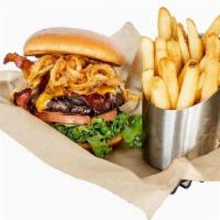 Cowboy Burger · Smoky BBQ, bacon, cheddar, onion straws